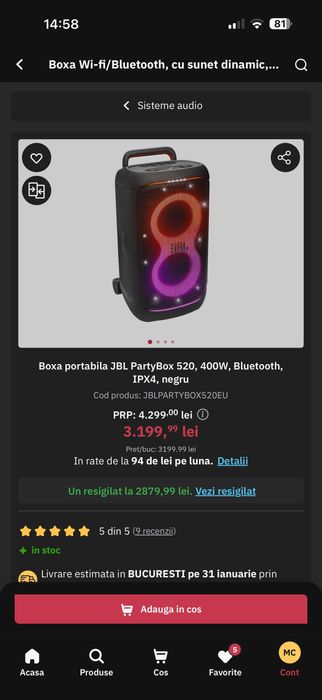 Vand Boxa portabila JBL PartyBox 520, 400W, Bluetooth, IPX4, negru