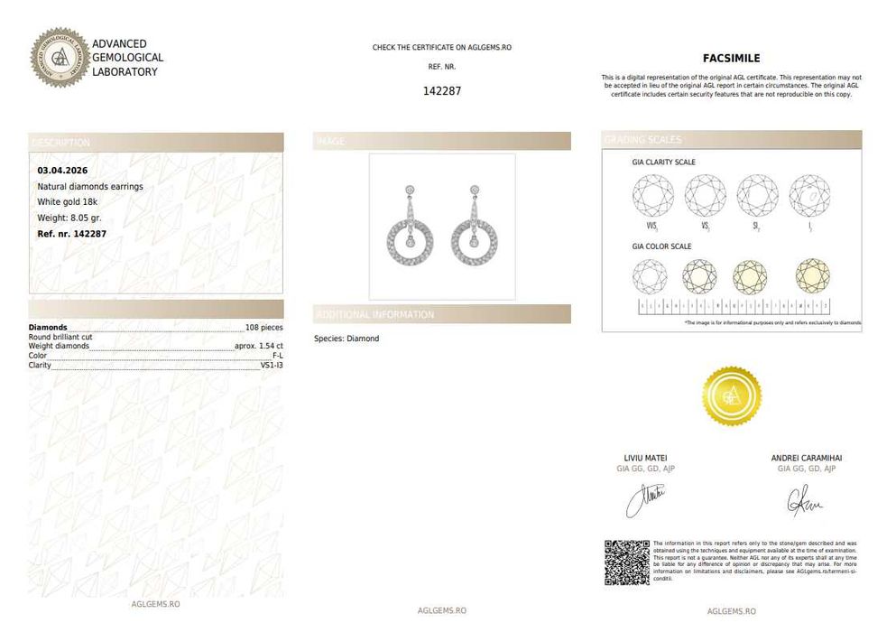 Pereche de cercei din aur alb, decorată cu diamante