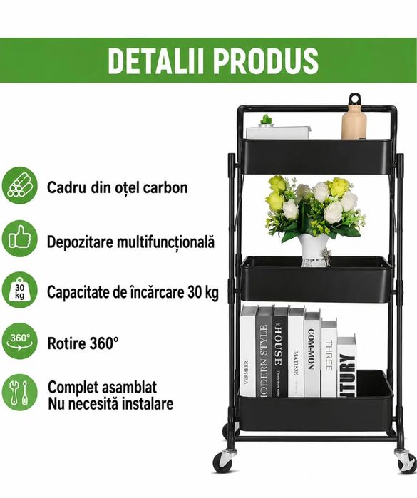 Raft metalic pliabil, 3 rafturi, roți pivotante cu blocare, capacitate 30 kg, fără montaj, negru