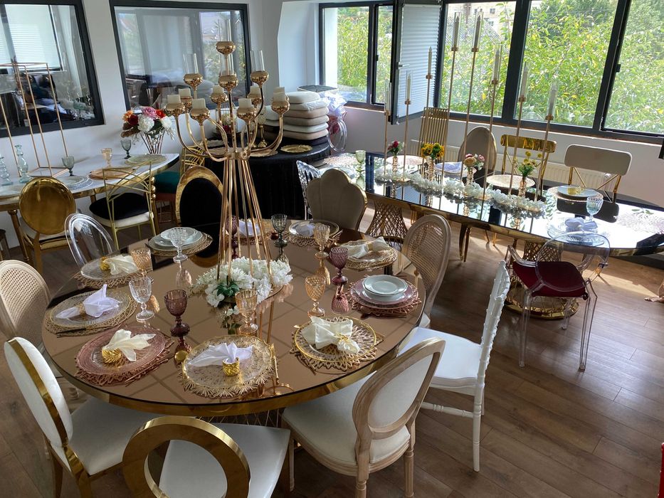 Mese aurii de lux săli evenimente ballroom inox cu blat oglindă/sticlă