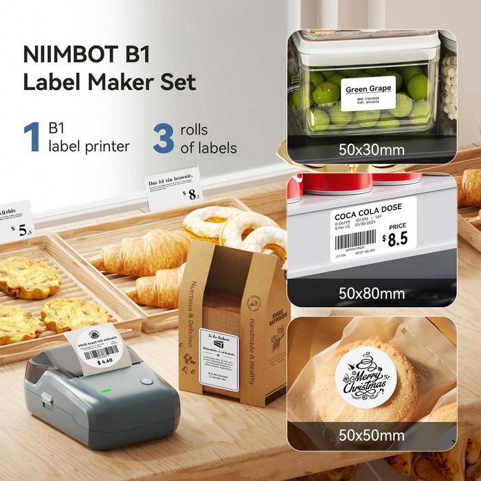 NIIMBOT B1 Машина за етикетиране с лента, Принтер за етикети с 3 ролки етикетна хартия, 50x30 мм