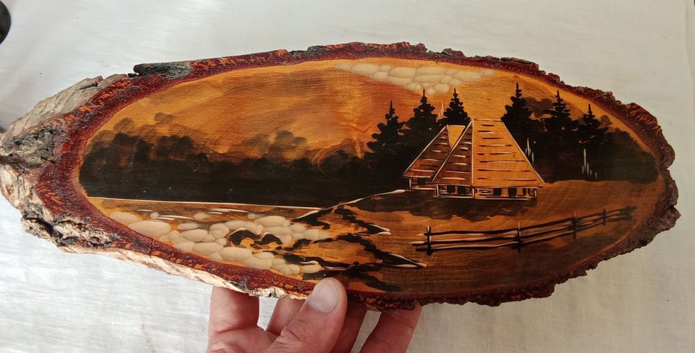 Панно из натуральной кожи ,  картина на срезе дерева ( СССР  )