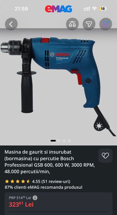 M asina de gaurit si insurubat cu fir cu percutie Bosch GSB600, 600 W