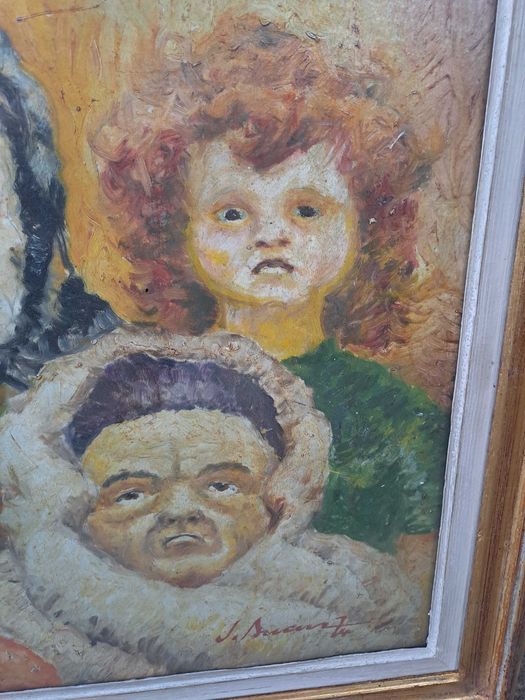 tablou vechi pictura pe carton gros 74/58 cm semnat datat