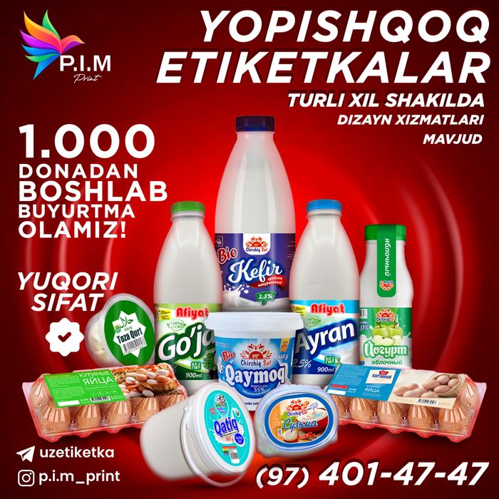 Sut maxsulotlari uchun sifatli va arzon etiketkalar