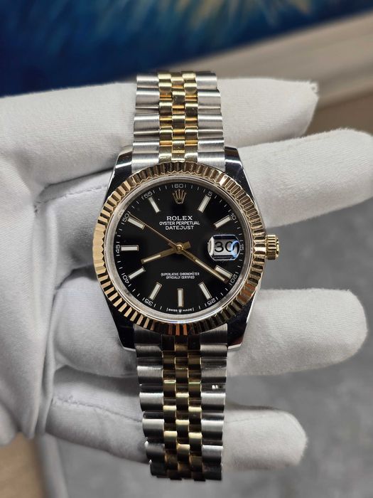 Rolex Datejust Two Tone Yellow Gold Steel Fluted Black Dial Jubilee 41mm