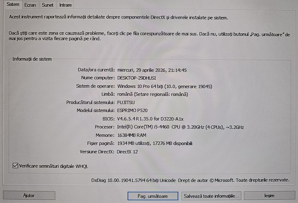 Unitate PC Fujitsu i5-4460 16Gb Ram Ssd-120Gb+Hdd-500Gb Windows