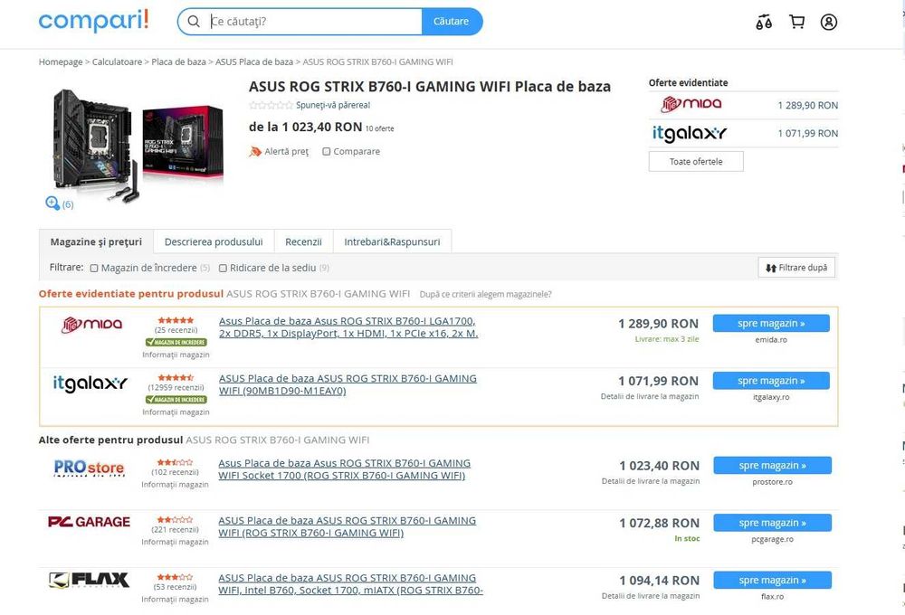 Placa de baza ASUS ROG STRIX B760-I GAMING WIFI, mini itx ,noua