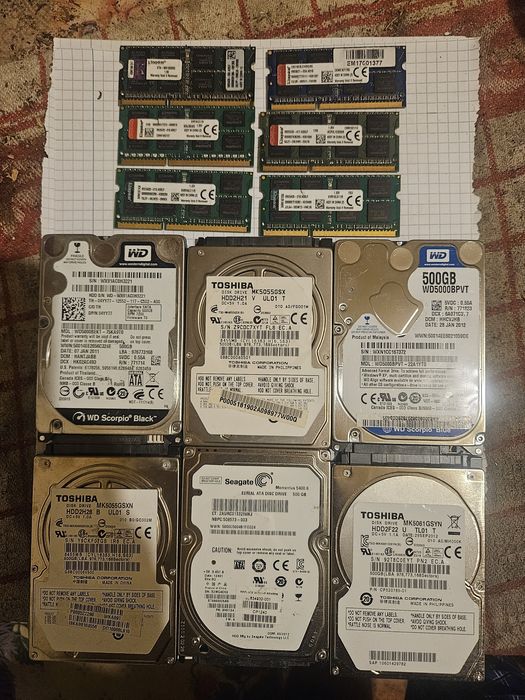 Lot 6 memorii laptop 8gb ddr3 si 6 hdd laptop 500gb 100% viata