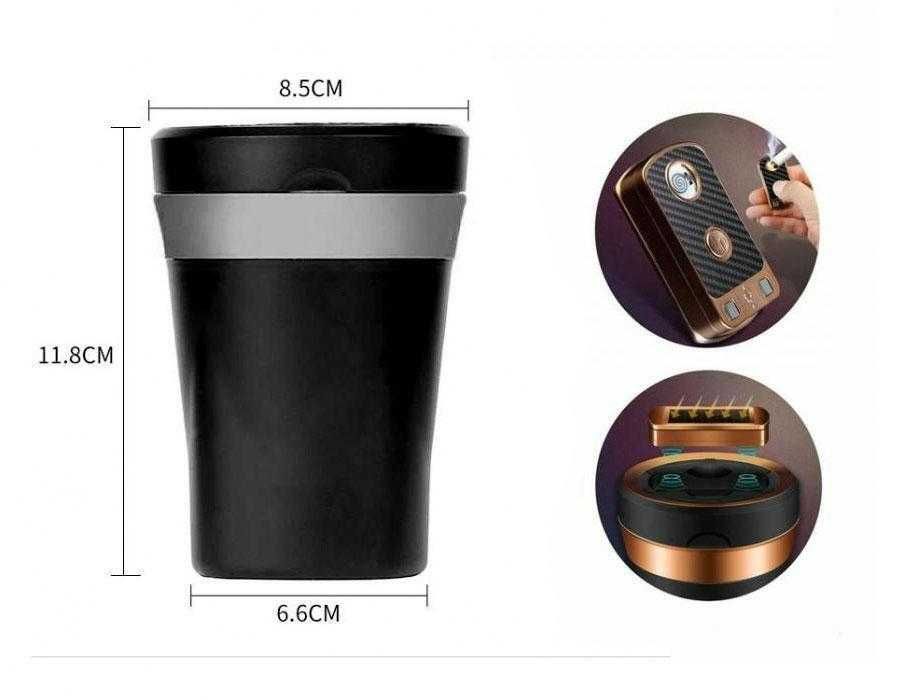 Пепелник за автомобил / кола с диод, USB зареждане и вградена запалка