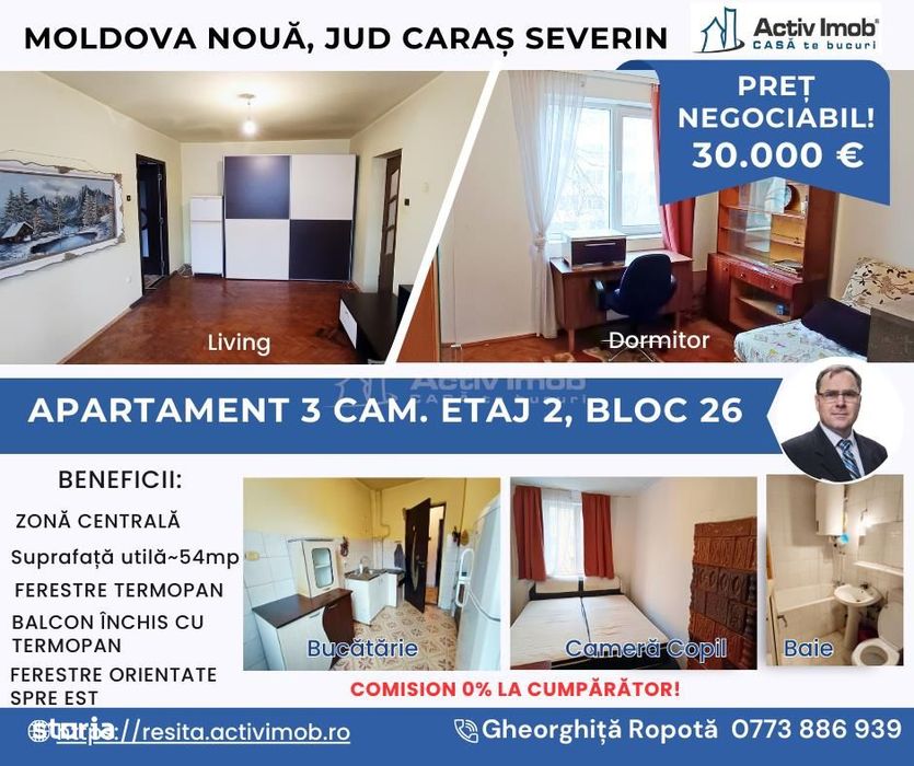Apartament 3 cam. et. 2 in Moldova Nouă
