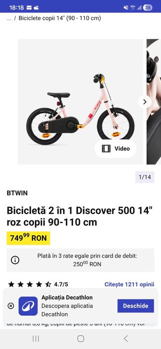 Bicicleta Btwin 2in1 discover 500 14 roz