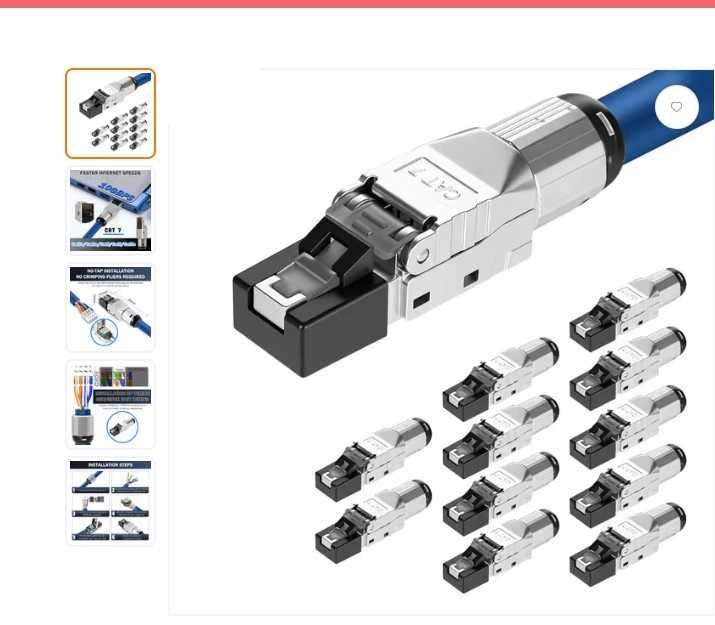 Conectori CAT7 RJ45 fără scule pachet 12 buc complet ecranat STP 10Gbps pentru cabluri LAN rigide – argintiu