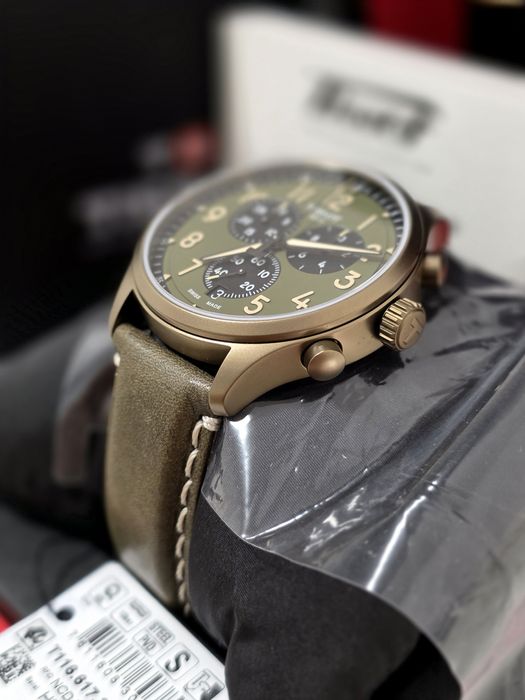 Ceas sigilat Tissot Chrono XL 45mm, culoare bronz, curea piele kaki