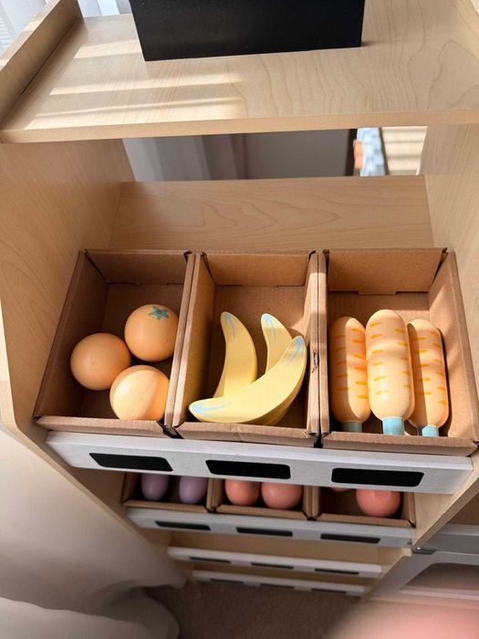 Piață de legume din lemn - tarabă mare XXL, magazin cu casă de marcat de joacă