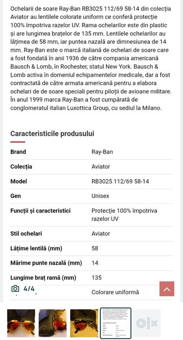 Ochelari de soare Ray Ban aviator cu lentile colorate, unisex