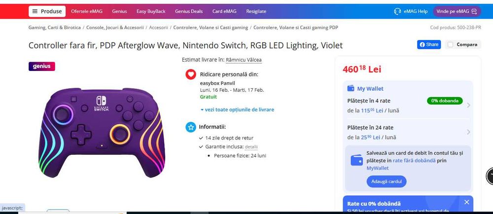 Manetă Nintendo Switch wi-fi, PDP Afterglow Wave, NOUĂ/Sigilată!