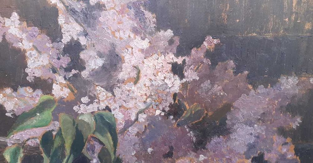 Tablou vechi - carti si liliac - semnat Octav Bancila