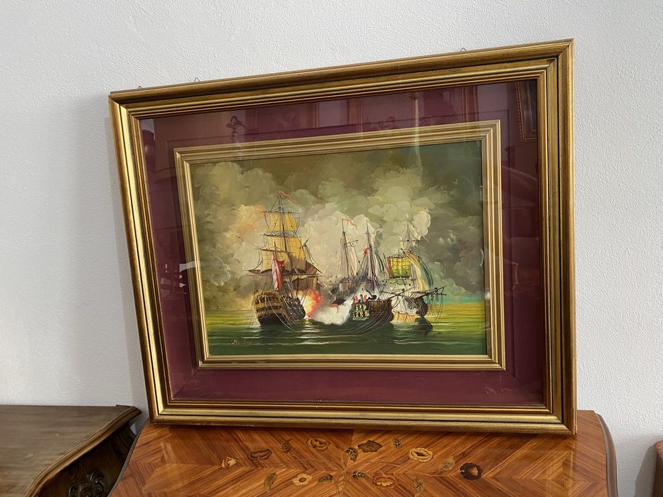 Tablou Vintage Pictura Ulei pe Panza Rama Lemn Razboi Naval