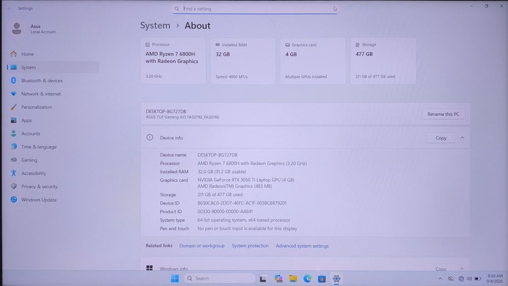 Laptop Asus FA507R 15,6 FHD 144Mhz Ryzen 7 6800H RTX 3050 Ti 4Gb Ram 32Gb 512Gb NVMe