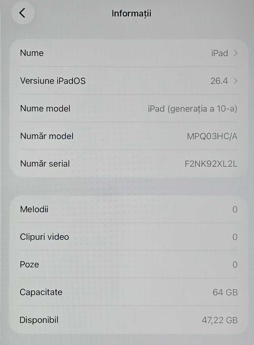 iPad 10 (2022), 64GB, Wifi, Silver, impecabila, factura si garantie