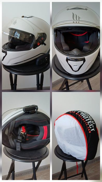 Echipament moto, 2 căști MT, intercom, 2 geci, genunchere