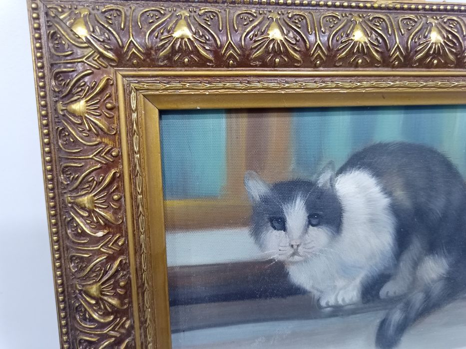 автентична западноевропейска картина с котка 37х32 см