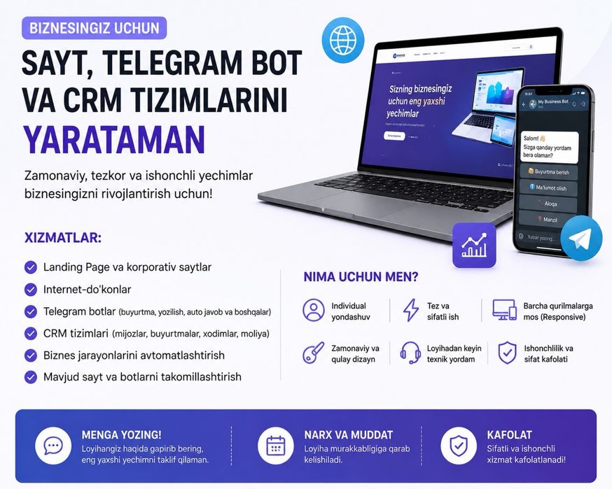 Biznesingiz uchun sayt, Telegram bot va CRM tizimlarini yarataman