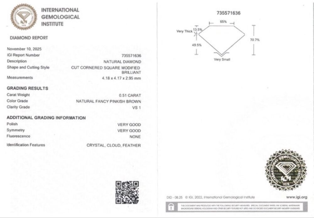Инвестиционен Диамант  0,51 ct Розов  /Със Сертификат/Запечатан