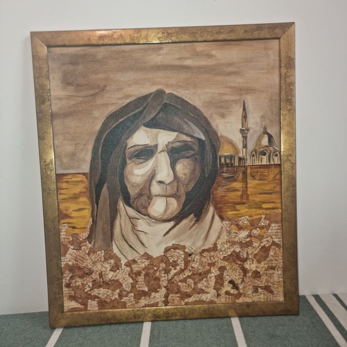 Tablou decorativ mare, tehnică mixtă (colaj + pictură pe pănză), 76×67