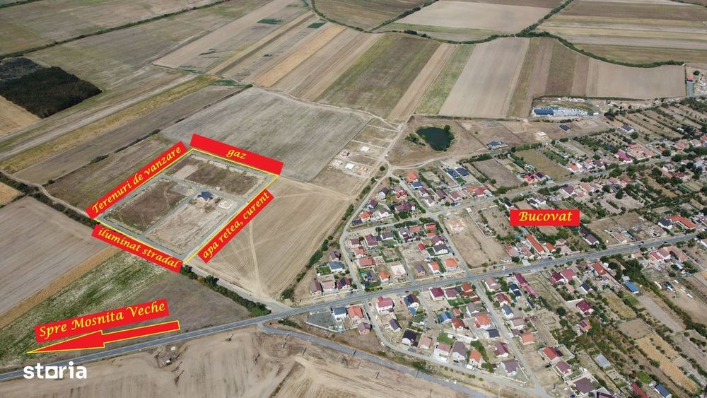 Terenuri intre Mosnita si Bucovat, cu gaz, apa, curent– 62 euro/mp+TVA