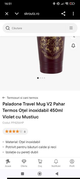 Pahar termos vișiniu otel inoxidabil Harry Potter 450 ml