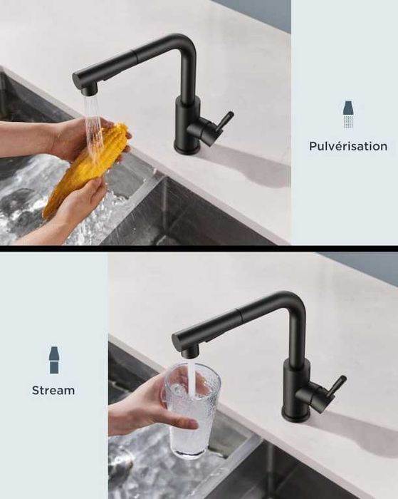 Baterie bucatarie FORIOUS inox negru, cap retractabil 360°