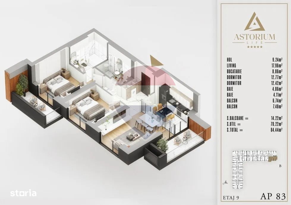 De Vanzare Apartament 3 camere, 84.44 mp – Astorium Life, Etaj 9 — fotografia 3