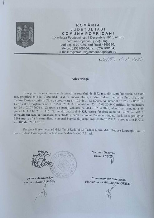 Teren de vanzare în comuna Popricani, sat Vanatori, la 6 km de Iași