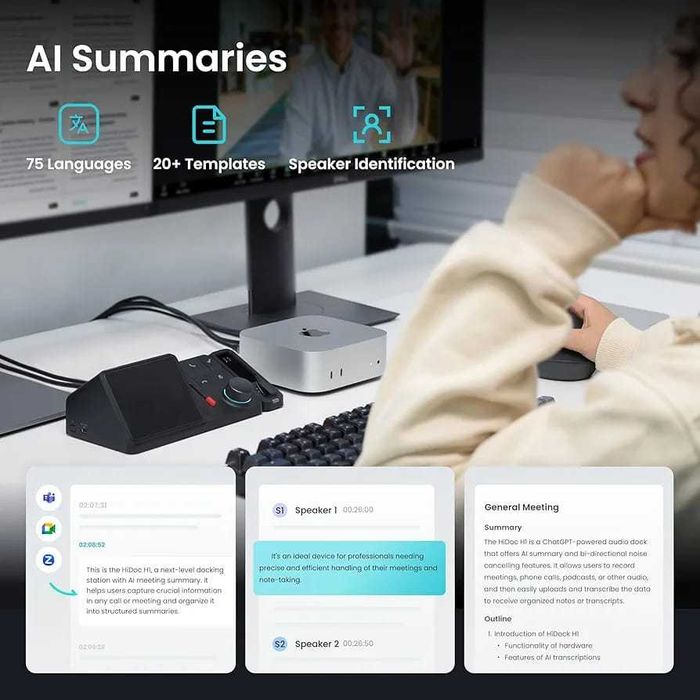 HiDock H1E USB C докинг станция с AI гласов рекордер