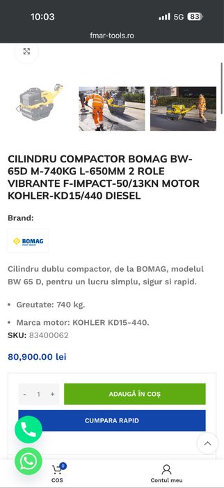Cilindru compactor Bomag BW 65 D / Motor Kohler / 2023 / 32h functiona