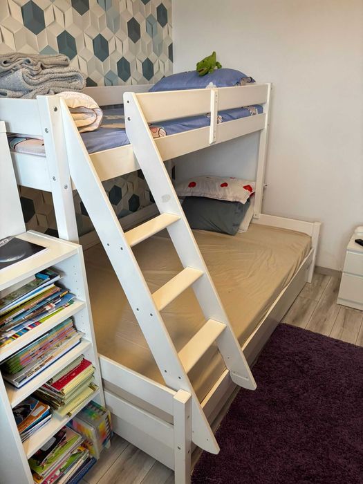 Pat etajat Lemn Masiv + cutie depozitare sub pat + saltea 90x200