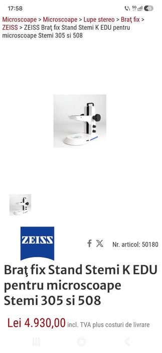 Braţ fix Stand Stemi K EDU pentru microscoape Stemi 305 si 508
