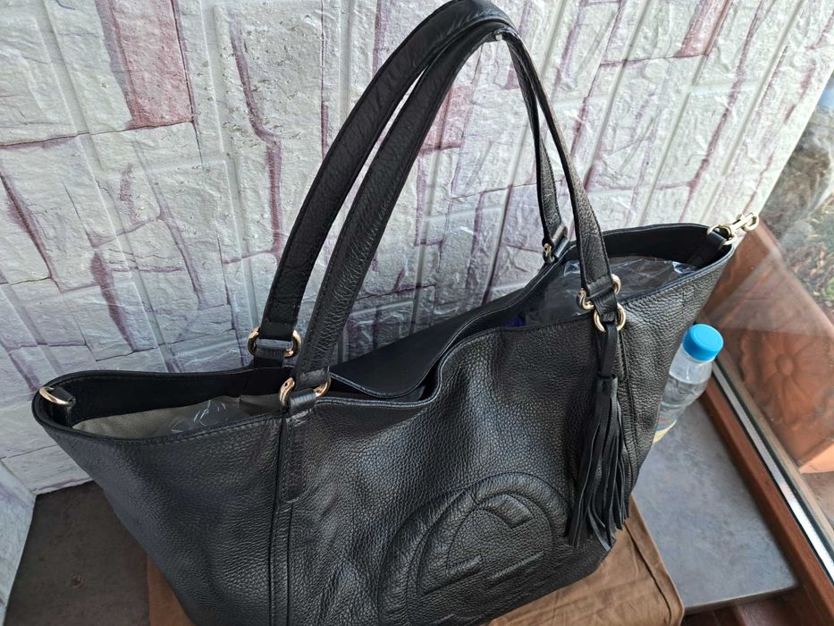 дамска чанта,черна кожена торба Gucci-естествена кожа,гучи