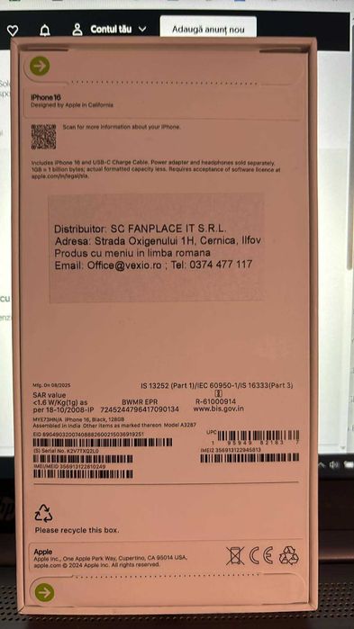 Telefon APPLE iPhone 16 5G, 128GB, Black