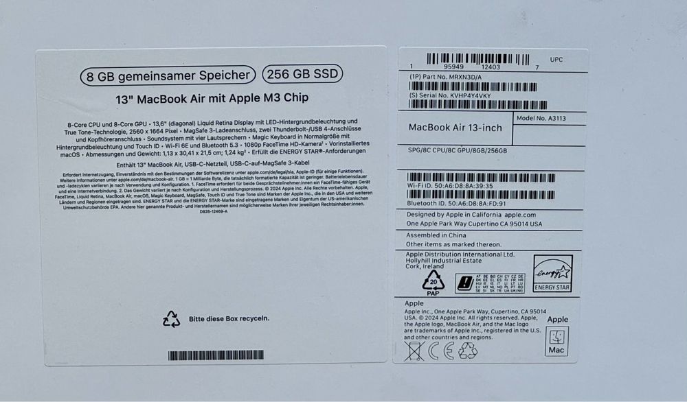 НОВ!!! Лаптоп Apple MacBook Air 13”, 8-ядрен процесор с чип М3,8/256GB