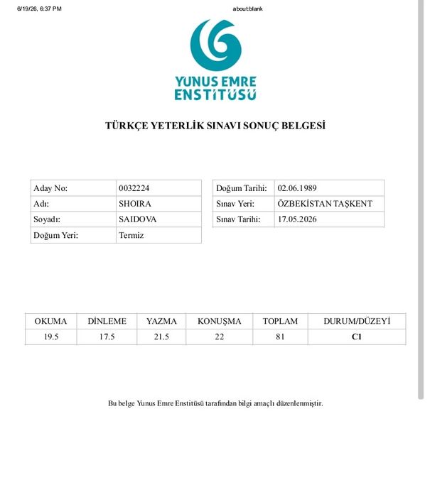 Turk tilini online 5ta C1 sertifikatiga ega tajribali ustoz bilan oʻrg