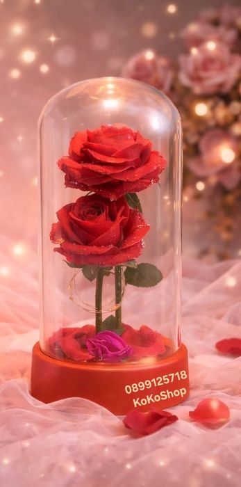 Червени рози в стъкленица с LED светлини/ вечни рози/ рози в купол/