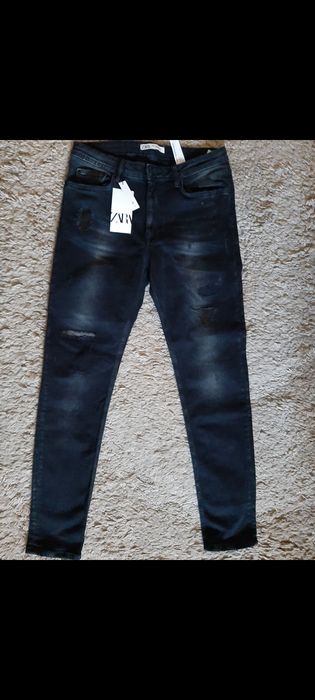 Blugi Zara skinny cu rupturi si piele,model Rick Owens,,40
