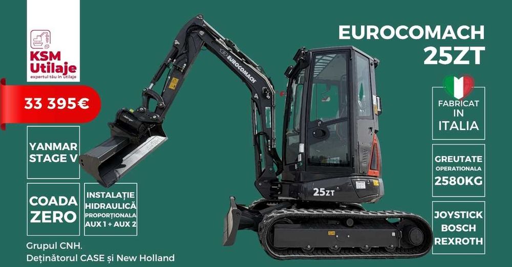 Mini Excavator 2.5t Eurocomach 25ZT | Nou, Coadă Zero, Tractabil B+E | Hidraulică Rexroth | Vânzare și Leasing B2B