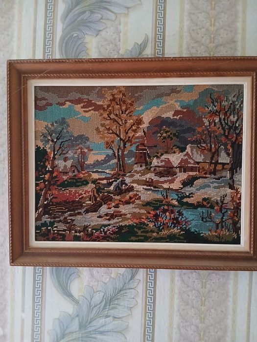 Ретро рамкиран гоблен "Зимен пейзаж с воденица" – 45х45 см