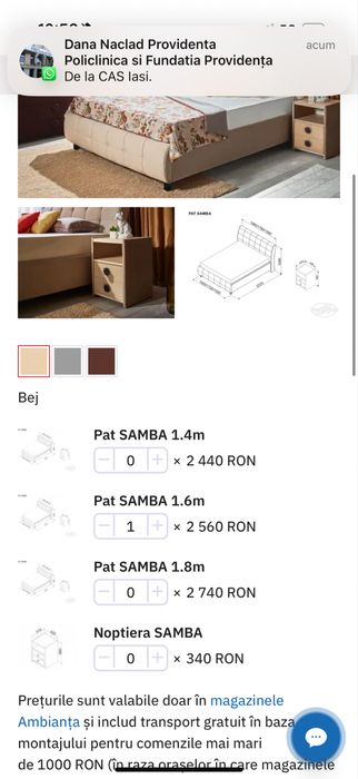 Pat matrimonial Ambianta pentru saltea 160x200, model Samba