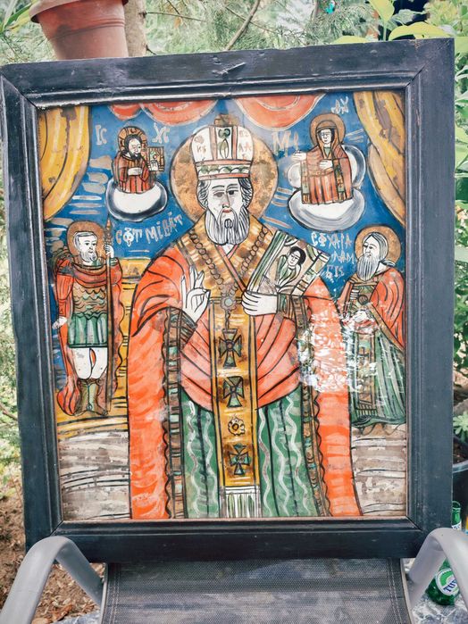 Icoană veche pe glaja (sticlă), secolul XIX, 61x51 cm, Școala Șcheii Brașovului / Țara Oltului