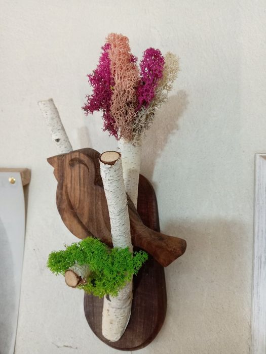 Декорация птици от бреза със скандинавски мъх -бухал, врабче,кълвач